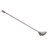 A long, stainless steel bar spoon with a twisted handle. One end has a small, rounded spoon, while the other features a flat disc. The bar spoon rests diagonally on a white background, showcasing its sleek black acid etch finish.