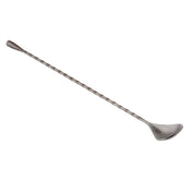 A long, stainless steel bar spoon with a twisted handle. One end has a small, rounded spoon, while the other features a flat disc. The bar spoon rests diagonally on a white background, showcasing its sleek black acid etch finish.