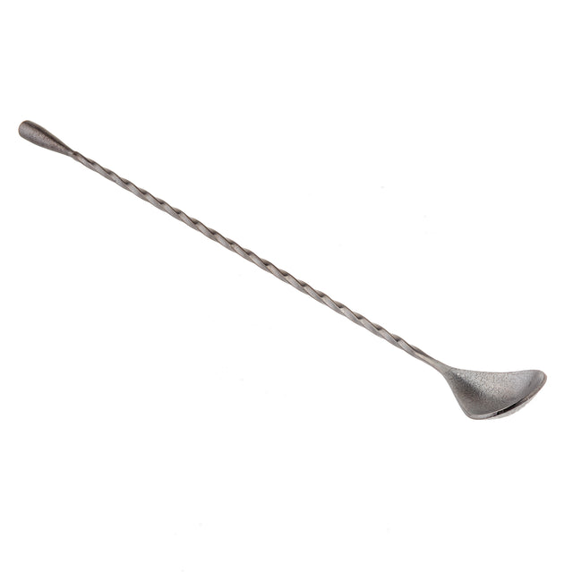 A long, stainless steel bar spoon with a twisted handle. One end has a small, rounded spoon, while the other features a flat disc. The bar spoon rests diagonally on a white background, showcasing its sleek black acid etch finish.