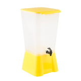 A tall, rectangular, translucent 5 gallon beverage dispenser with a bright yellow base and lid, featuring a black spigot for pouring drinks. The simple, modern design is perfect for serving cold beverages at events or gatherings. Dishwasher safe for easy cleaning.