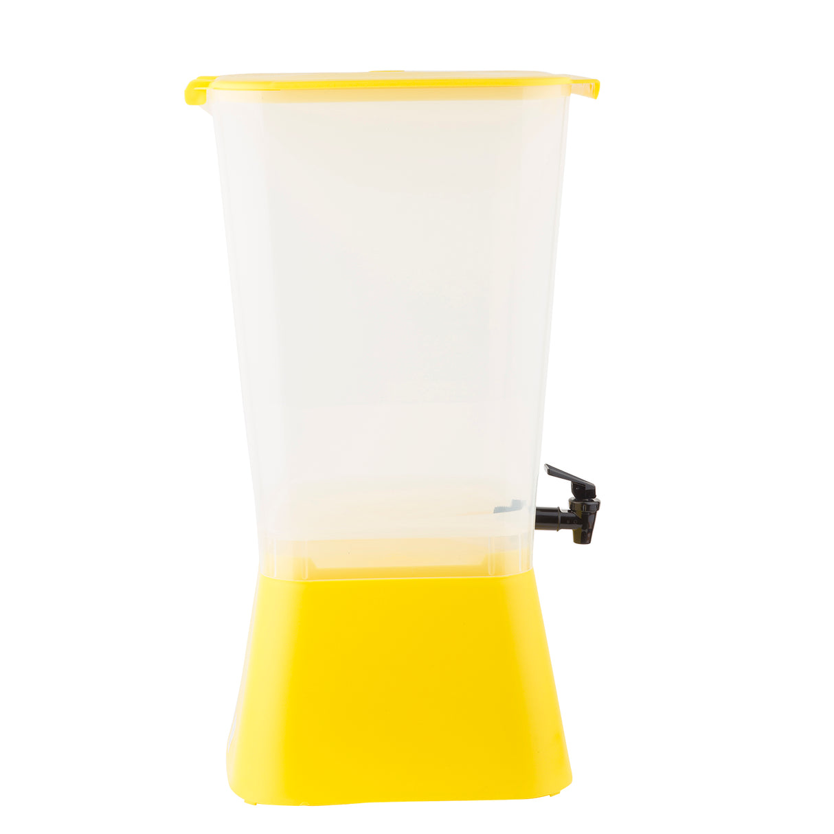 A large, transparent 5 gallon beverage dispenser with a bright yellow base and lid. It features a black spigot for easy pouring and a modern, rectangular design—perfect for parties or gatherings. This dispenser is also dishwasher safe for effortless cleaning.