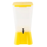 A modern, 5 gallon beverage dispenser with a translucent white body, bright yellow base and lid, and black spigot. This dishwasher safe dispenser features a simple rectangular design and is photographed on a white background.