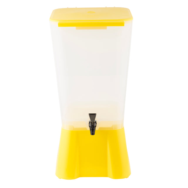 A modern, 5 gallon beverage dispenser with a translucent white body, bright yellow base and lid, and black spigot. This dishwasher safe dispenser features a simple rectangular design and is photographed on a white background.