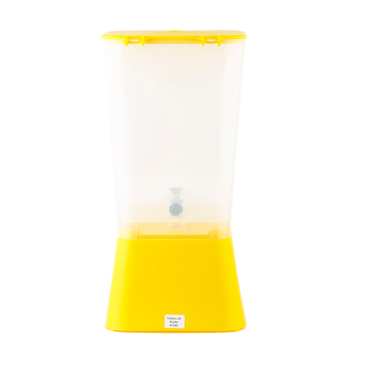A yellow and transparent 5 gallon beverage dispenser with a spigot near the bottom front, placed against a white background. The base is solid yellow with a small white label, and the top has a flat yellow lid. Dishwasher safe for easy cleaning.