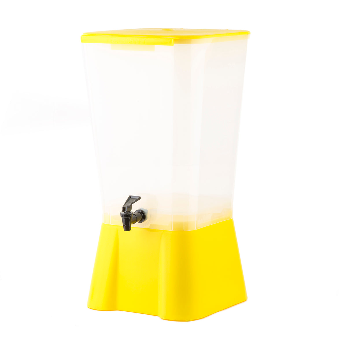A tall, rectangular 5 gallon beverage dispenser with a clear upper container and a bright yellow base and lid. The front features a black spigot for pouring drinks. Simple, modern, and dishwasher safe—perfect for serving cold beverages at gatherings.