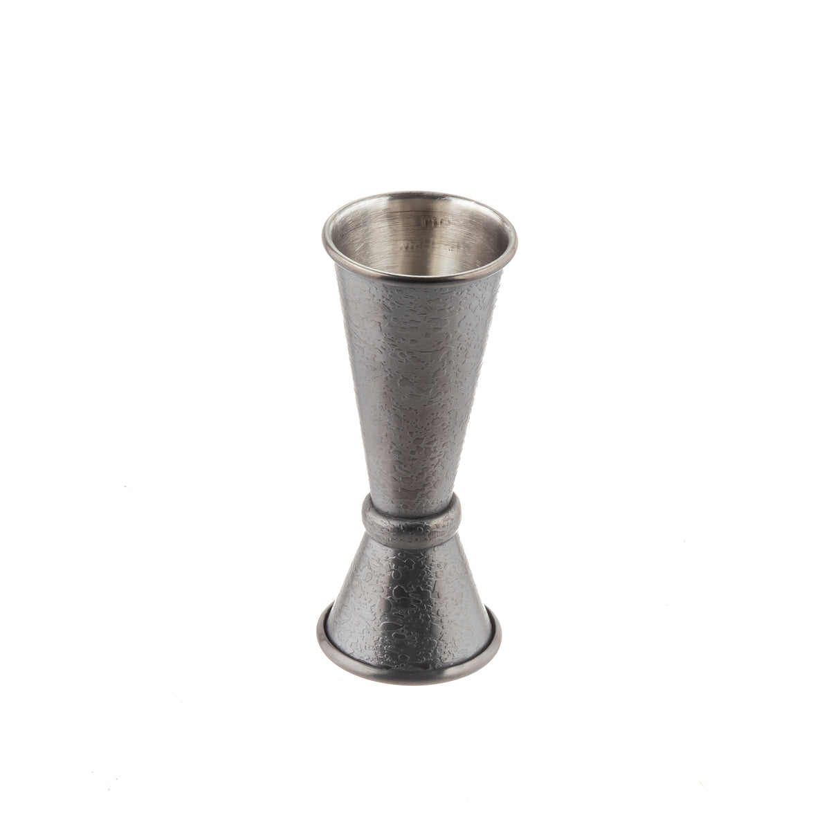 A Japanese Jigger crafted from 18/8 stainless steel features a textured surface and black acid etch finish. Shaped like two connected cones of different sizes, it stands upright against a plain white background.