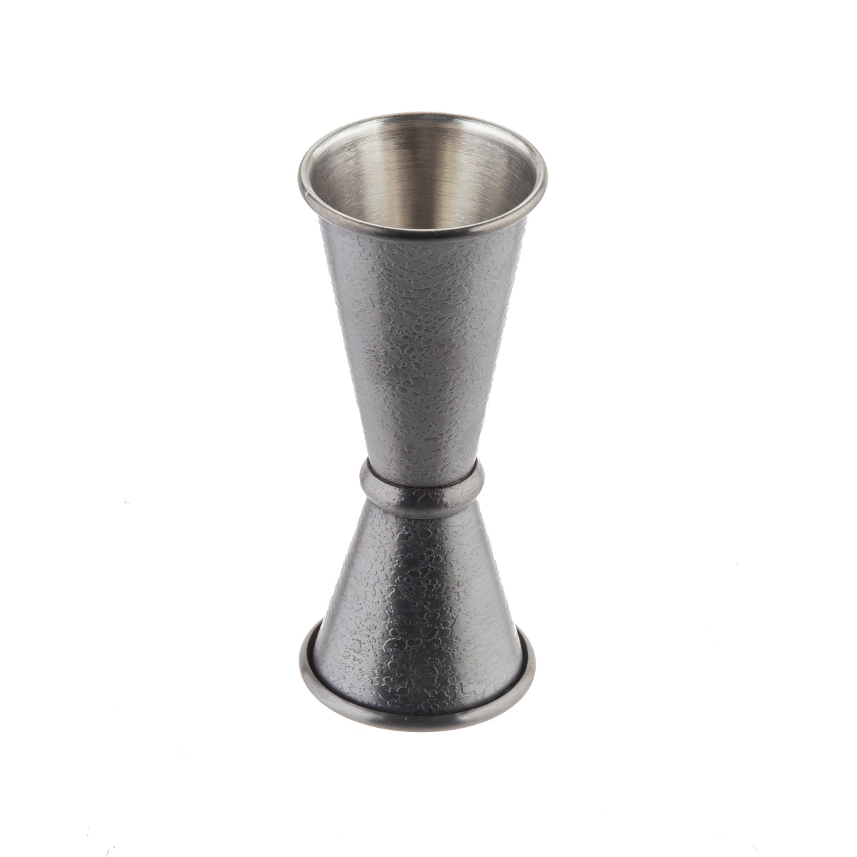 A Japanese Jigger crafted from 18/8 stainless steel with a black acid etch finish. Its double-sided hourglass shape features smaller and larger cups, perfect for precise bartending measurements. The dark gray, textured surface stands out against a plain white background.