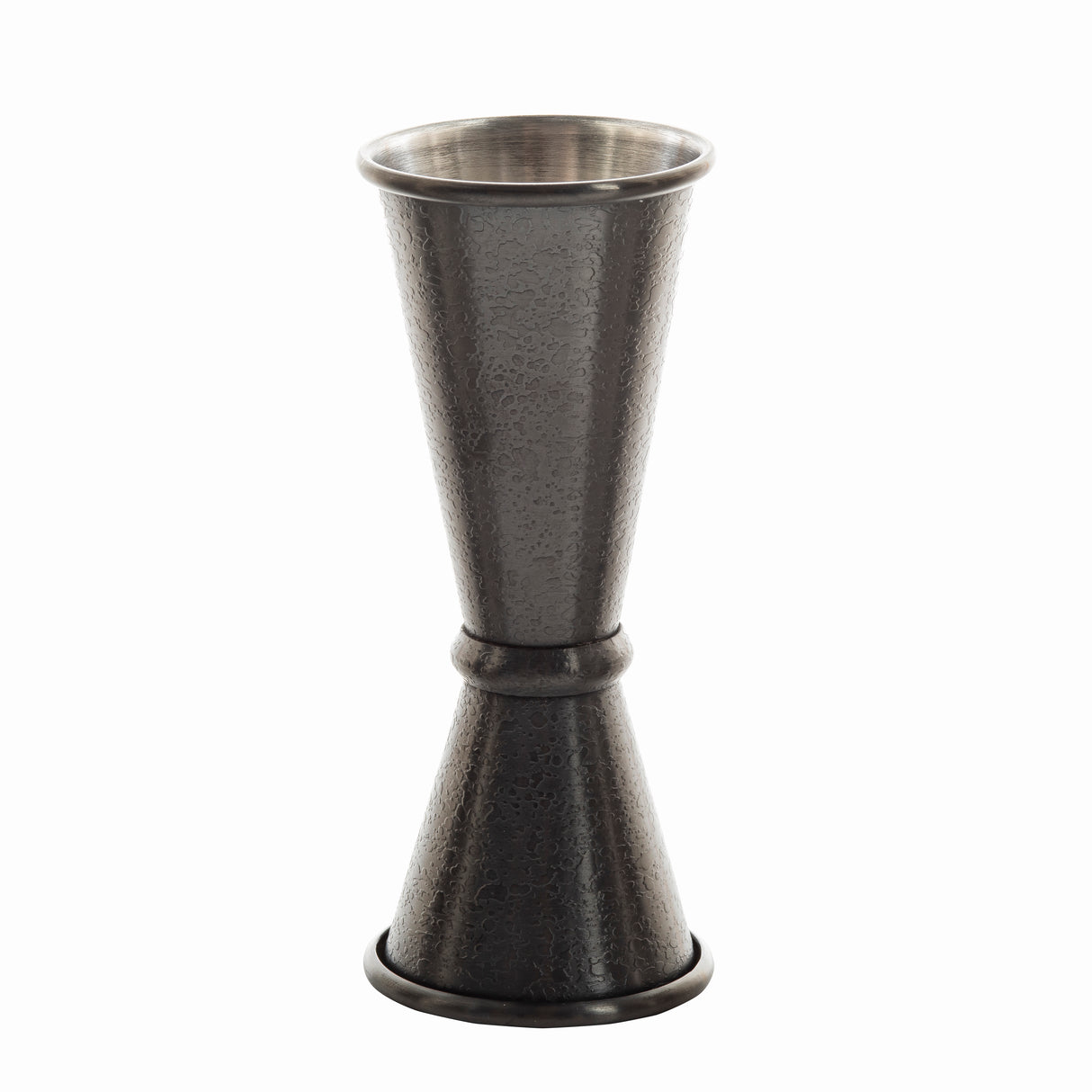 A double-sided stainless steel Japanese Jigger with a textured, hammered finish. The hourglass-shaped tool features 1 oz and 2 oz cups for measuring liquids—perfect for bartending and crafting cocktails with precision and style.