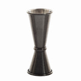 A double-sided stainless steel Japanese Jigger with a textured, hammered finish. The hourglass-shaped tool features 1 oz and 2 oz cups for measuring liquids—perfect for bartending and crafting cocktails with precision and style.