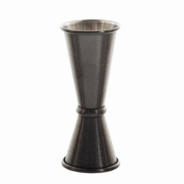 A double-sided stainless steel Japanese Jigger with a textured, hammered finish. The hourglass-shaped tool features 1 oz and 2 oz cups for measuring liquids—perfect for bartending and crafting cocktails with precision and style.