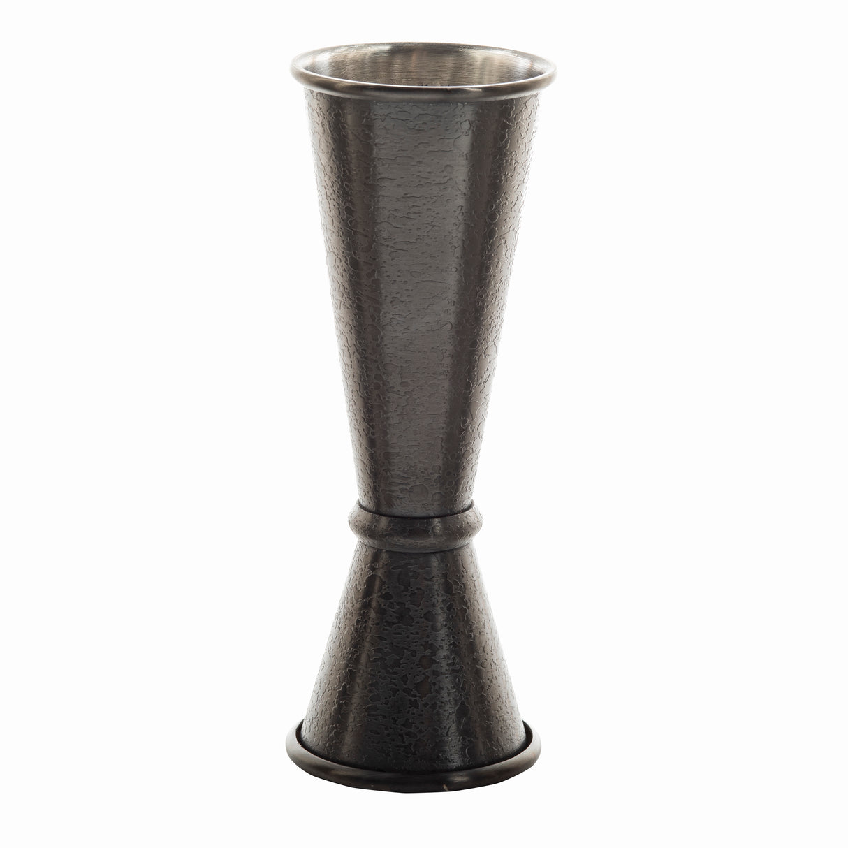A stainless steel jigger with a hammered texture, this Japanese Jigger features two cone-shaped measuring cups—1 oz and 2 oz—joined at their bases. The metallic, slightly matte finish is perfect for precisely measuring cocktail ingredients.