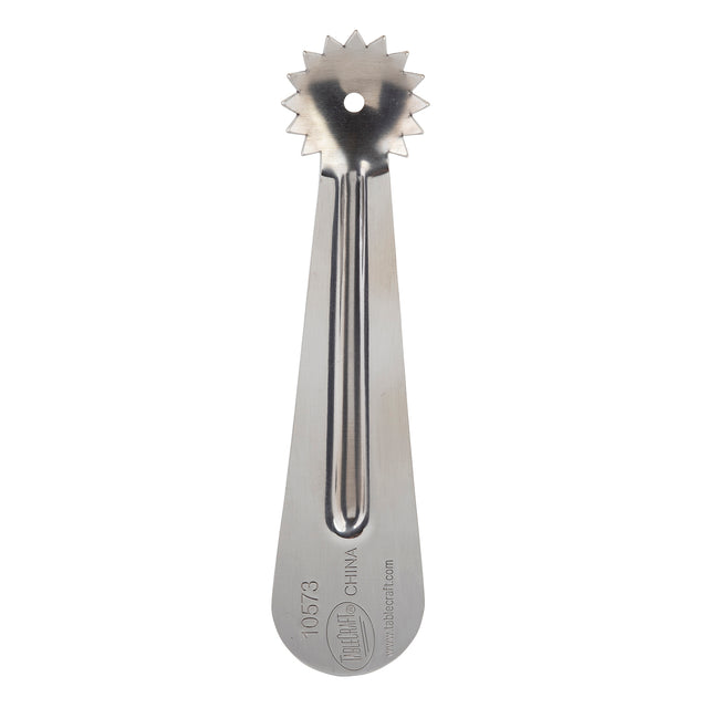 A TableCraft stainless steel pastry crimper tool with a straight handle and a small, round, serrated wheel at the tip. The engraved handle features a hole near the wheel for hanging, and its shiny metallic surface adds style to your kitchen.