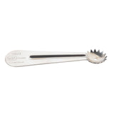 A stainless steel pastry crimper with a flat handle and a small, round, fluted cutting wheel at one end. The handle features engraved text, including the TableCraft brand, a product number, and China. The surface is smooth and reflective.