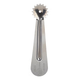 A TableCraft stainless steel pastry cutter with a flat, tapered handle and small, round, fluted wheel is perfect for cutting dough. The handle features a central groove, engraved branding near the base, and a hole in the center of the wheel.
