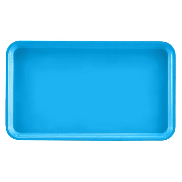 A rectangular Camtray in bright blue, crafted from high-impact fiberglass with rounded corners and slightly raised edges, is shown top-down against a plain light background. The smooth, unadorned surface is durable and dishwasher safe.