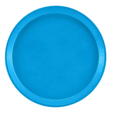 A round, flat, bright blue Serving Camtray® with a slightly raised rim is shown centered on a plain white background. The NSF-listed tray appears smooth and unadorned, crafted from durable fiberglass with no visible texture or handles.