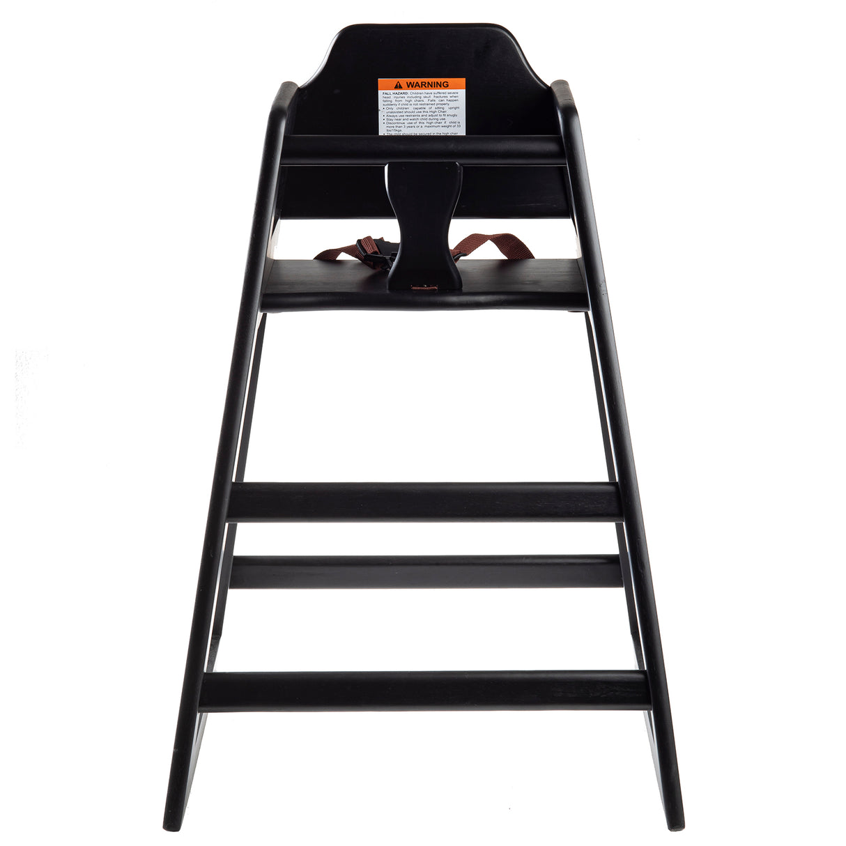 A stackable black wooden high chair viewed from the front. It features a seat with a safety strap, a high backrest with a warning label, and two horizontal footrests. The chair’s sturdy wood design is ideal for young children.