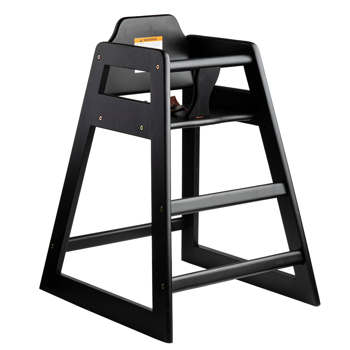 A stackable black wooden high chair with an A-frame design, footrests, backrest, and safety strap; it features a warning label on the top backrest and is set against a white background.