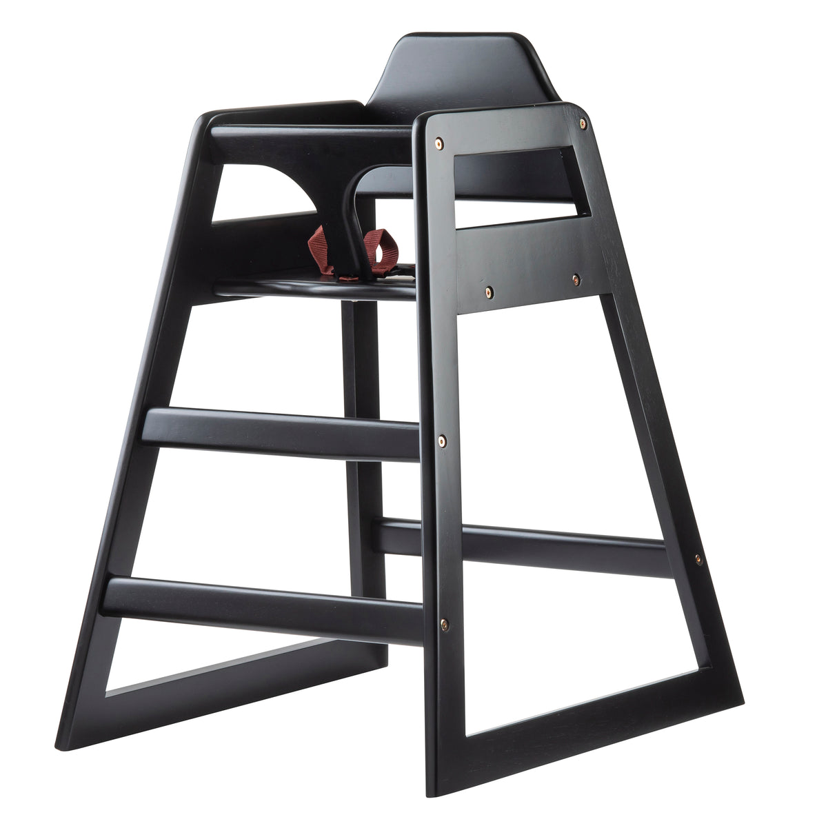 A modern black wood high chair with a wide A-frame base, horizontal support bars, and a minimalist backrest. It features a safety belt with red straps for children. The simple design combines style and functionality.