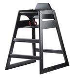A modern black wood high chair with a wide A-frame base, horizontal support bars, and a minimalist backrest. It features a safety belt with red straps for children. The simple design combines style and functionality.
