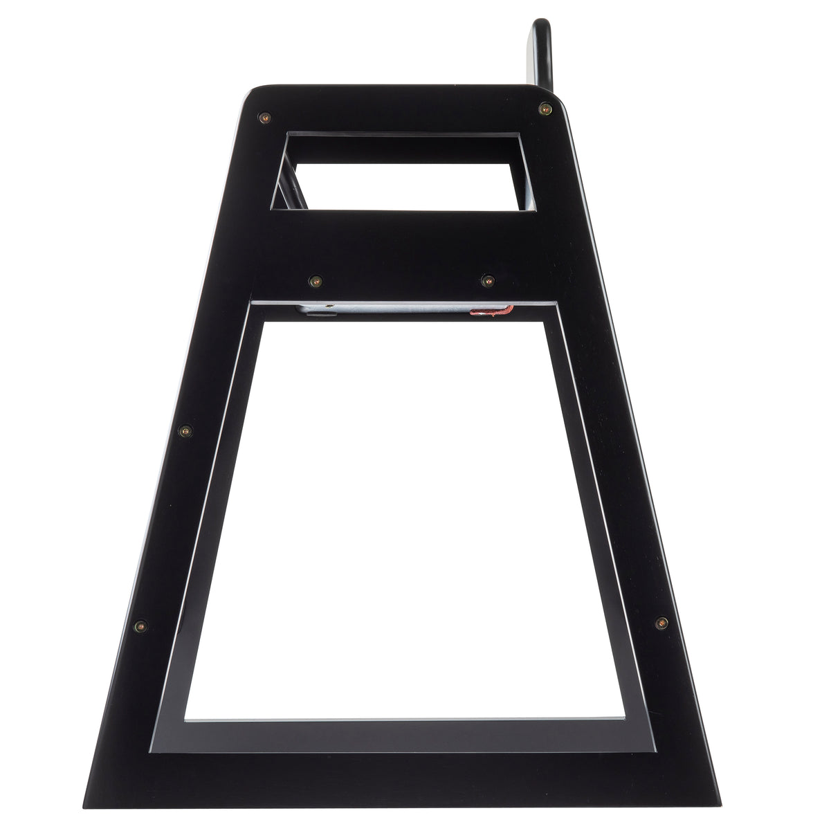 A triangular, black metal frame with an open center, a rectangular cutout at the top, and visible screws at the corners. Photographed from above against a white background, it could be used in stackable furniture or high chair designs; a small red and black wire is visible.