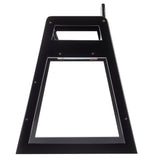 A triangular, black metal frame with an open center, a rectangular cutout at the top, and visible screws at the corners. Photographed from above against a white background, it could be used in stackable furniture or high chair designs; a small red and black wire is visible.