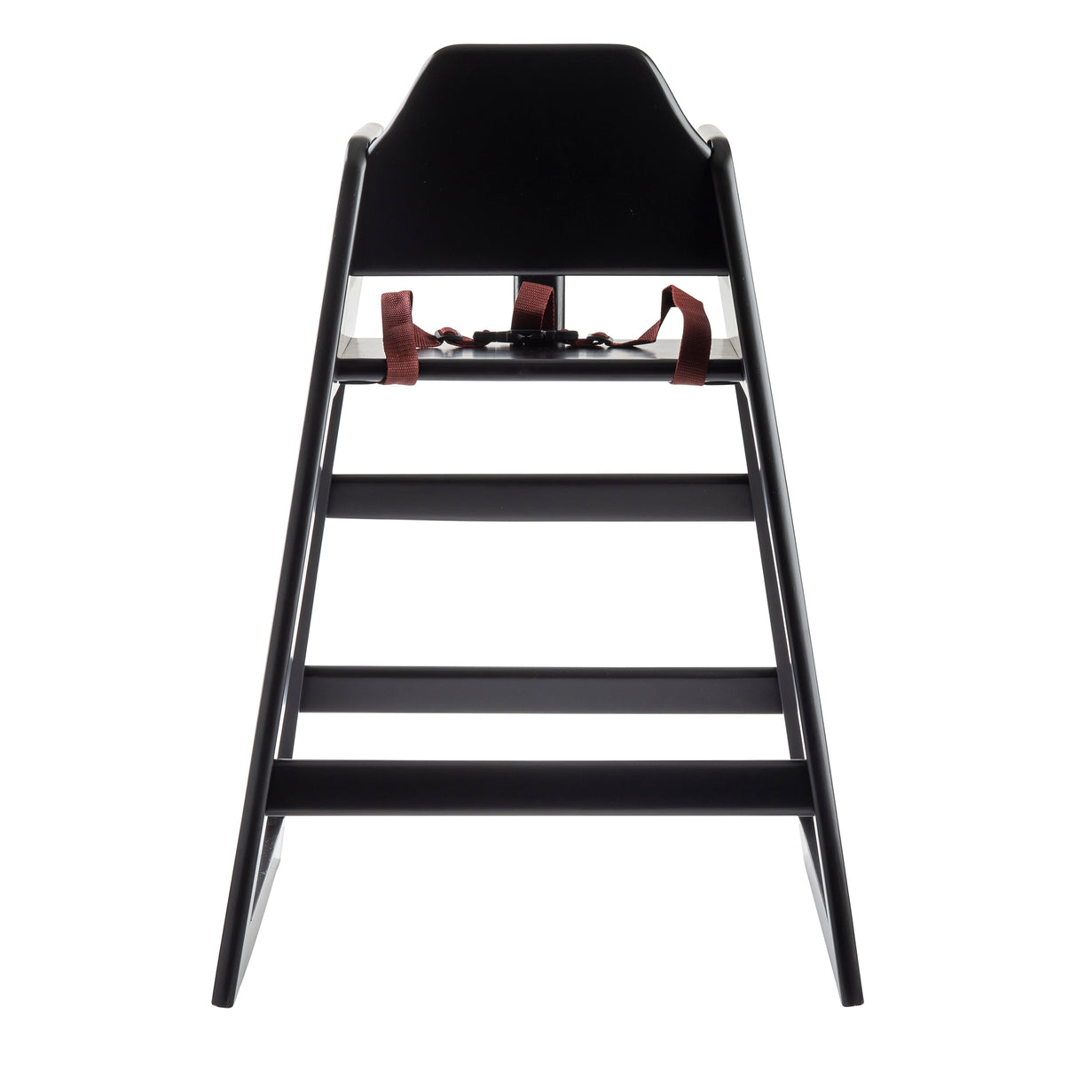 A stackable black high chair with a minimalist design, viewed from the front. It features a wide, sturdy wood base and angled legs. Two red safety straps are attached to the tall, solid backrest, all set against a plain white background.