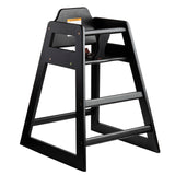 A stackable black wooden high chair with a simple, sturdy design. The chair features angled legs, a rectangular seat, a backrest with a warning label, and a safety strap—ideal for safely seating young children at the dining table.