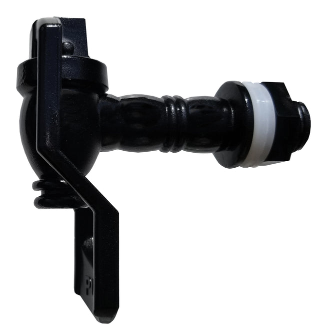 A close-up of a black plastic spigot with a lever handle, threaded end, and white washer, ideal for beverage dispenser setups. The spigot is shown from the side against a plain white background.