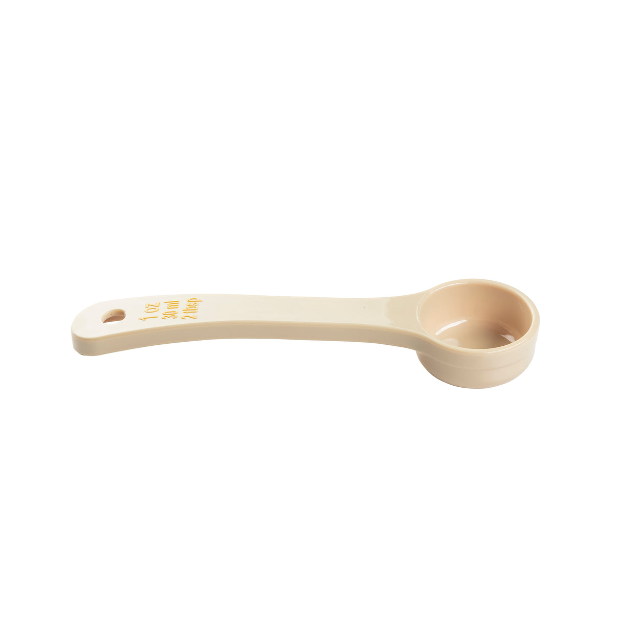 A beige polycarbonate measuring scoop with a round bowl on one end and a flat handle on the other. The handle features yellow measurement markings reading “1/2 CUP 125 mL” and a small hole at the end for hanging. NSF certified.