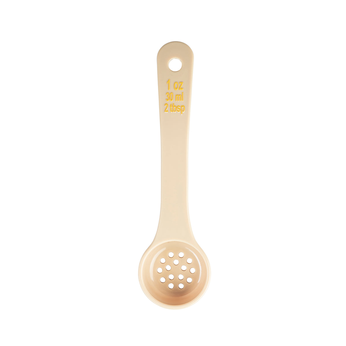 A beige perforated polycarbonate spoon with a round bowl and long handle is labeled “1 oz, 30 ml, 2 tbsp” in yellow text. NSF certified and ideal for portioning, this Spoonout is shown on a white background, viewed from above.