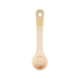 A beige perforated polycarbonate spoon with a round bowl and long handle is labeled “1 oz, 30 ml, 2 tbsp” in yellow text. NSF certified and ideal for portioning, this Spoonout is shown on a white background, viewed from above.
