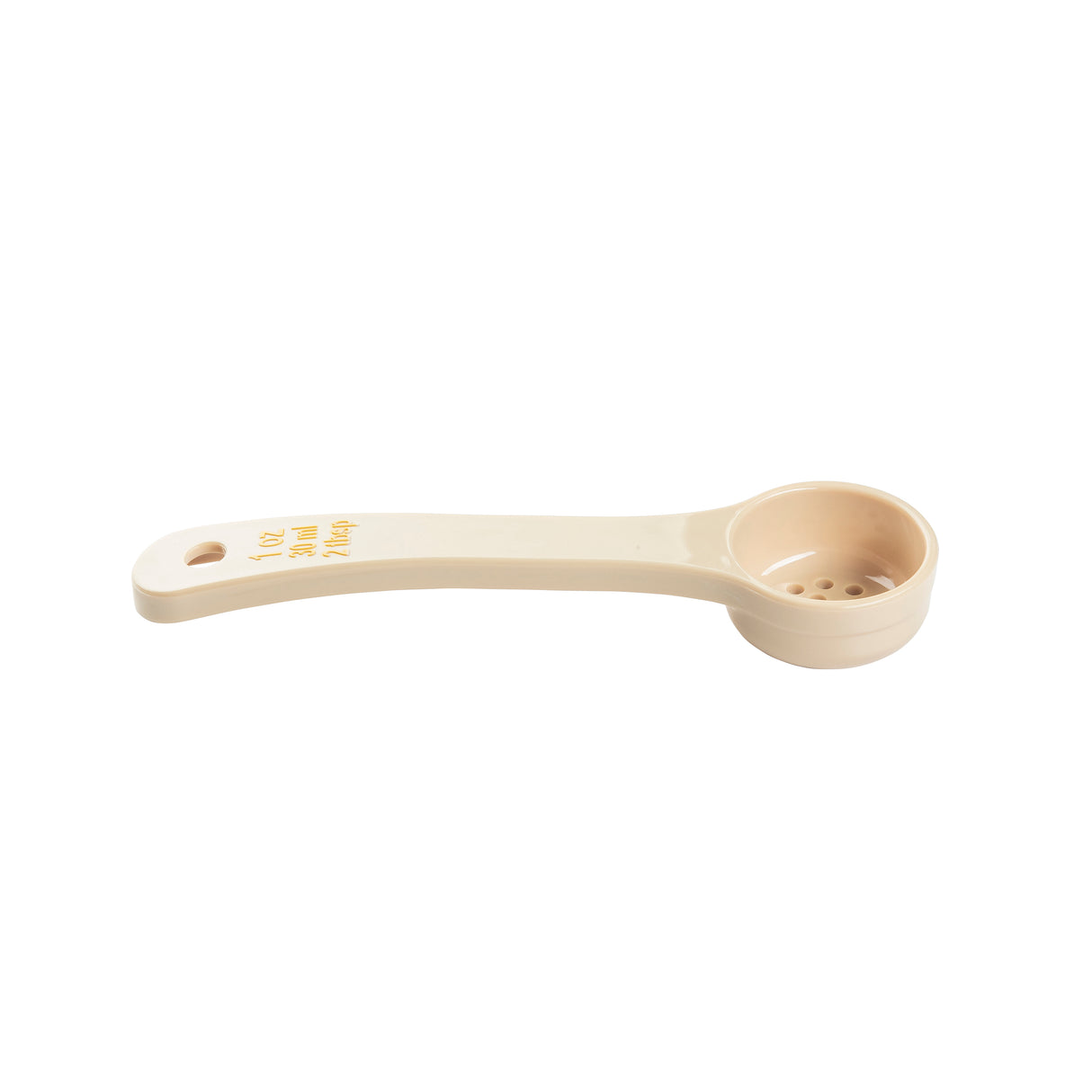 A beige perforated polycarbonate spoon with a long handle and round bowl, featuring small drainage holes in the bottom. "Spoonout" is written in yellow on the handle. The background is plain white.