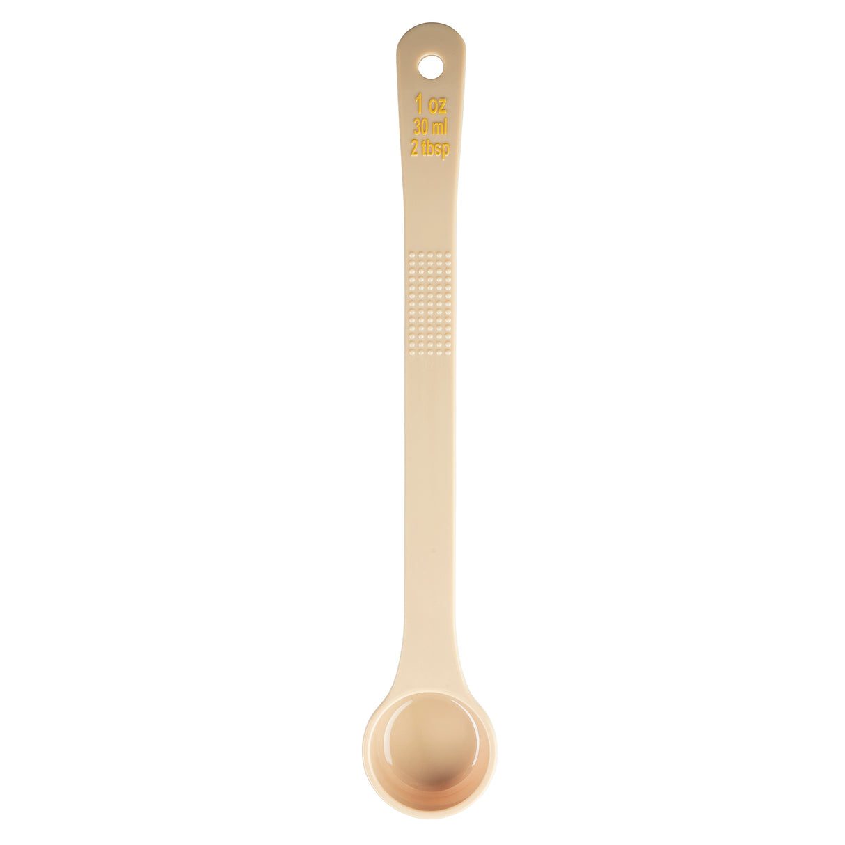 A beige polycarbonate measuring spoon with a textured grip area and long handle. Labeled 1 oz, 30 ml, 2 tbsp in yellow text near the top, the Spoonout is photographed from above on a plain white background.