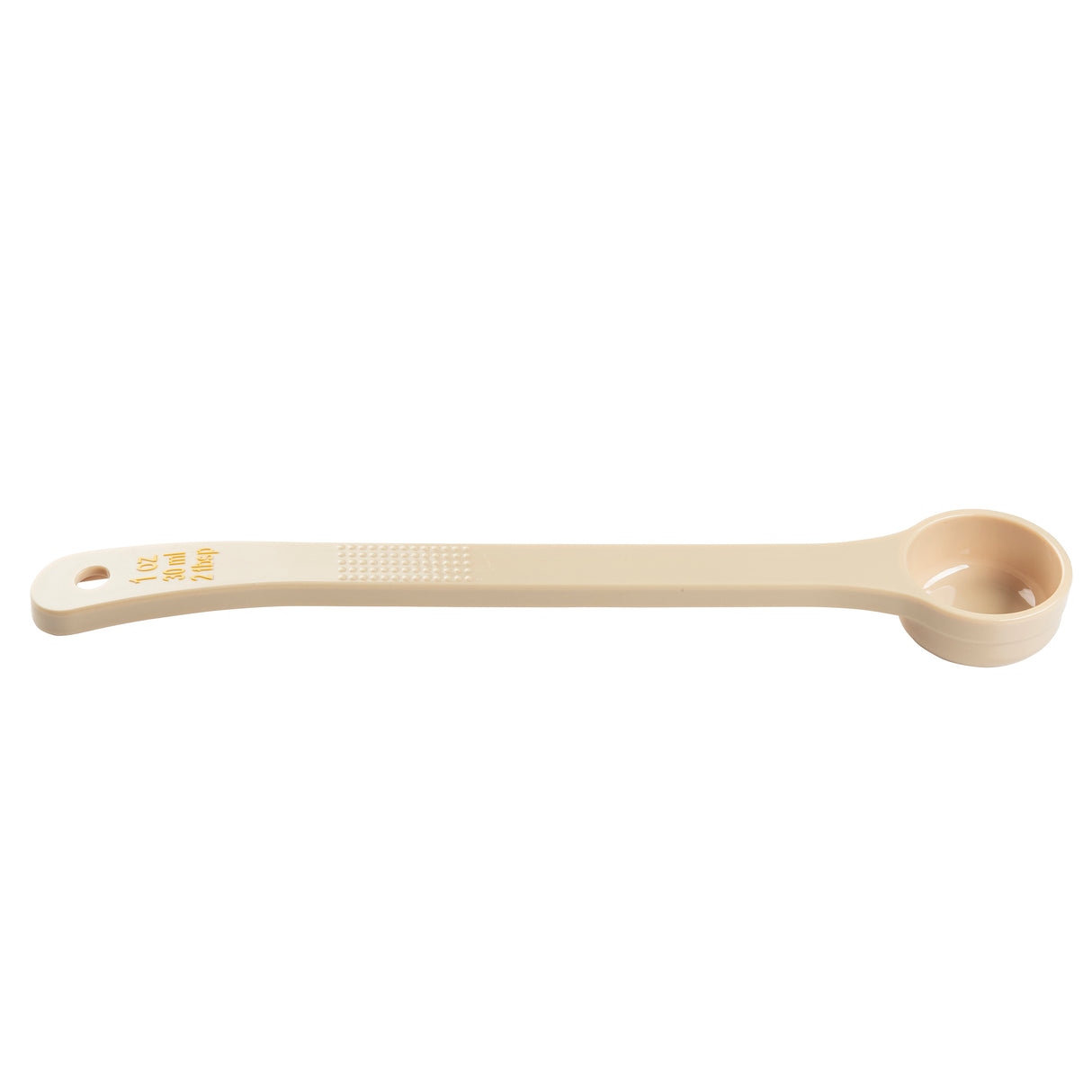 A beige Spoonout measuring spoon made of durable polycarbonate with a long handle and circular scoop. The handle features a textured grip, yellow text for 1/2 TSP 2.5 ML, and a hole at the end for hanging. Set against a plain white background.