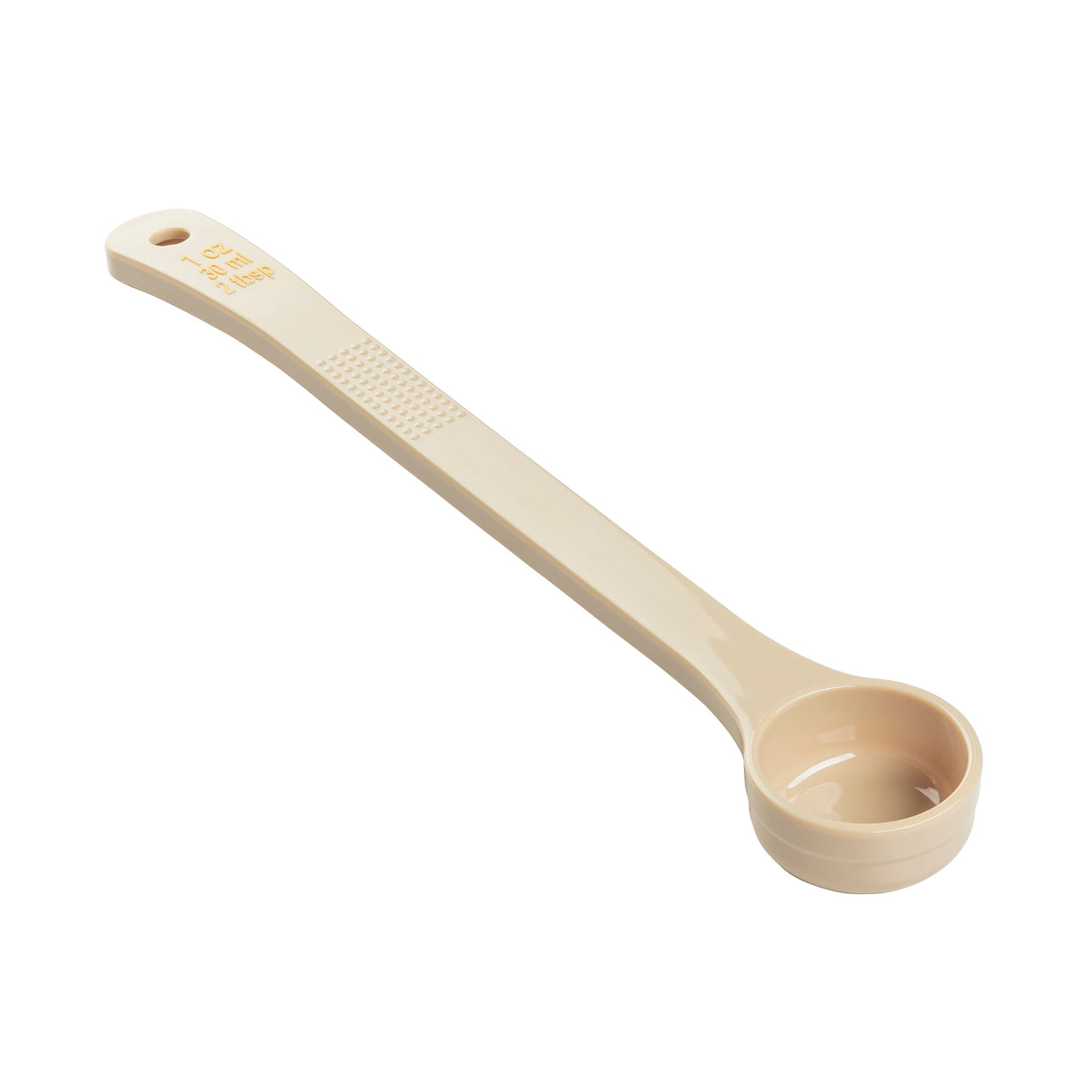 A beige Spoonout measuring spoon made of durable polycarbonate with a long handle. Labeled 1.5 TBSP / 22.5 mL in yellow, it features a deep, round bowl for scooping and a hole at the tip for hanging.