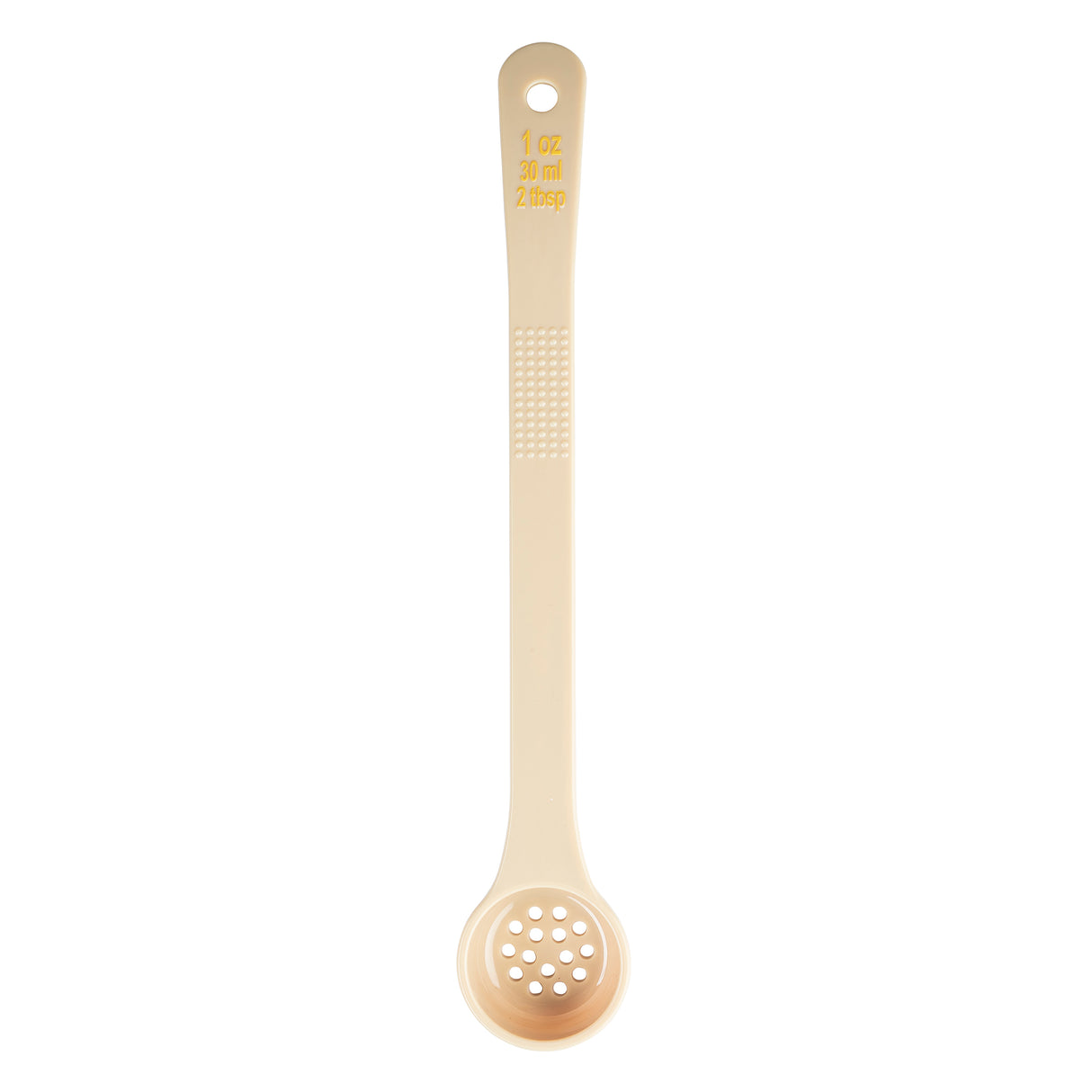 A beige polycarbonate measuring spoon with a long handle. The handle has raised dots for grip and is labeled “1 oz, 30 ml, 2 Tbsp” in yellow. The round Spoonout features holes on the bottom, resembling a small strainer or slotted spoon.