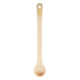 A beige polycarbonate measuring spoon with a long handle. The handle has raised dots for grip and is labeled “1 oz, 30 ml, 2 Tbsp” in yellow. The round Spoonout features holes on the bottom, resembling a small strainer or slotted spoon.