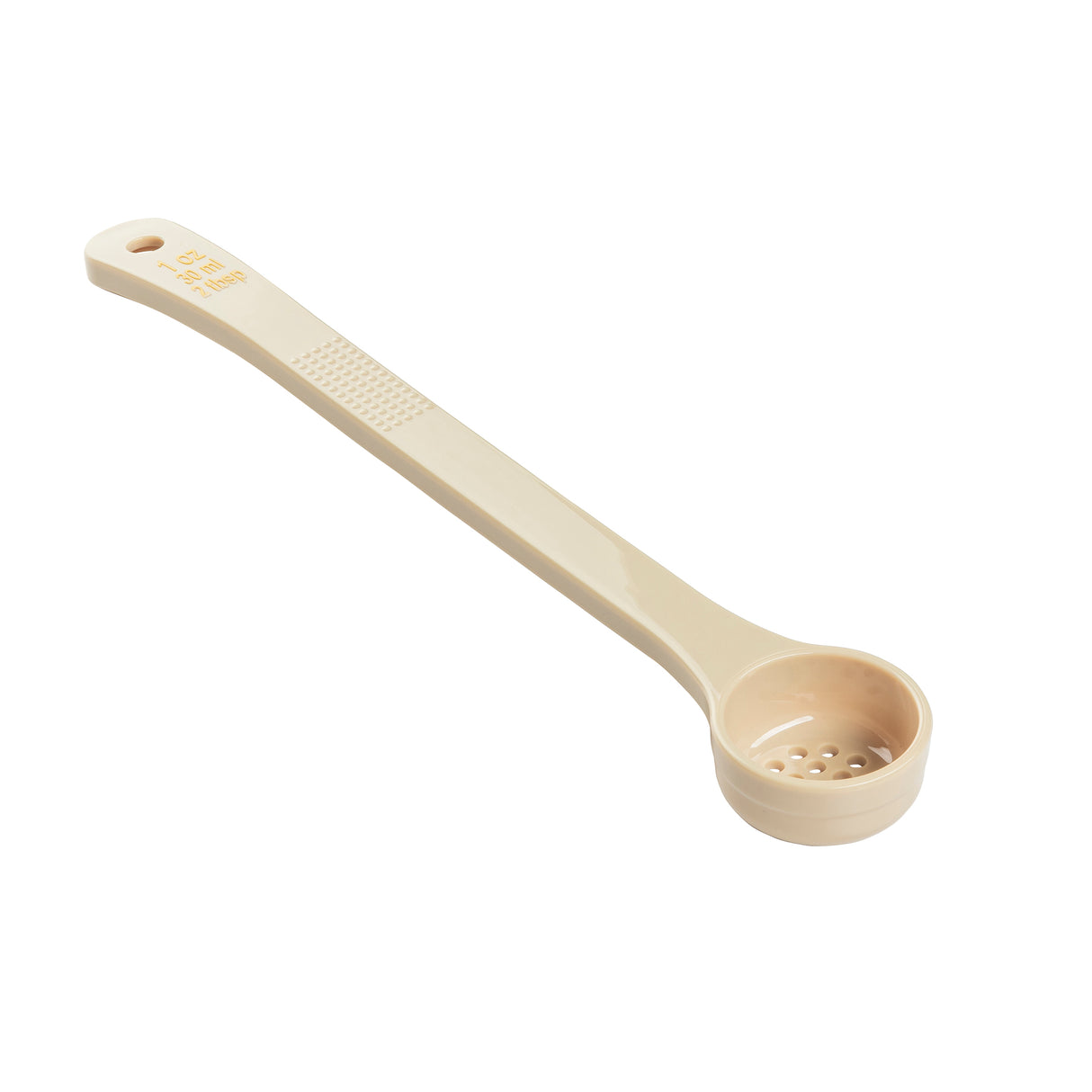 A long beige polycarbonate Spoonout with a round, shallow bowl featuring small holes for straining. The handle is straight, has a textured grip, and a hole at the end for hanging. The spoon is placed on a white background.
