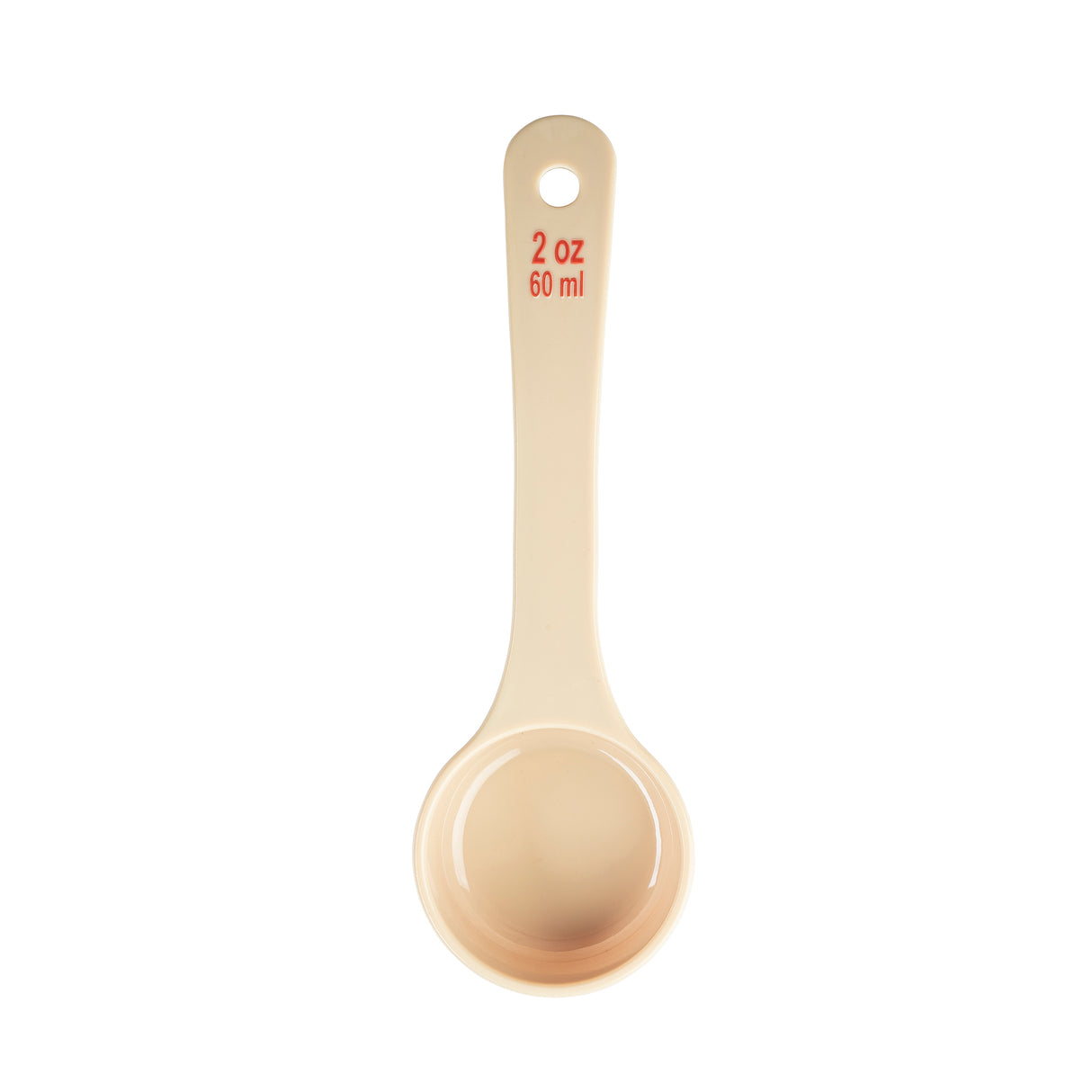 A beige polycarbonate measuring spoon viewed from above, labeled “2 oz 60 ml” in red text on the handle. The clean Spoonout has a round bowl, with the handle extending upward and a hole at the far end for hanging.