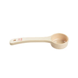 A beige polycarbonate measuring scoop with a long handle, labeled “2 OZ 60 mL” in red text. The Spoonout scoop is round with smooth edges, NSF certified, and rests on a white background.