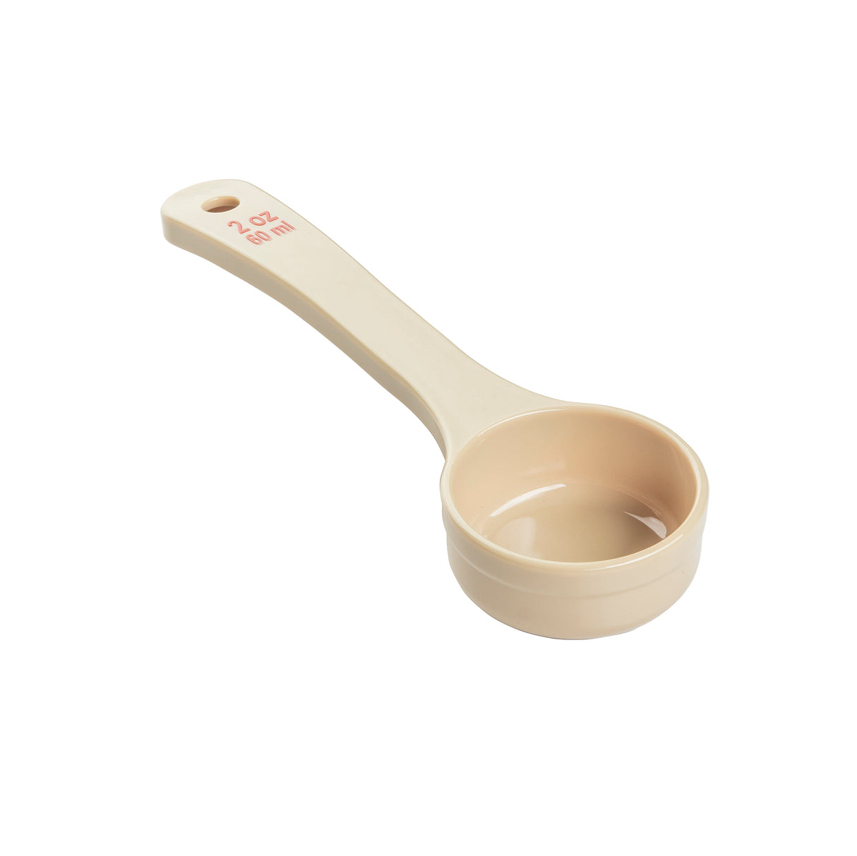 A beige polycarbonate measuring cup with a handle, marked “2 oz” and “60 ml” in red lettering. The Spoonout cup is empty and isolated on a white background. The handle has a hole at the end, likely for hanging storage.