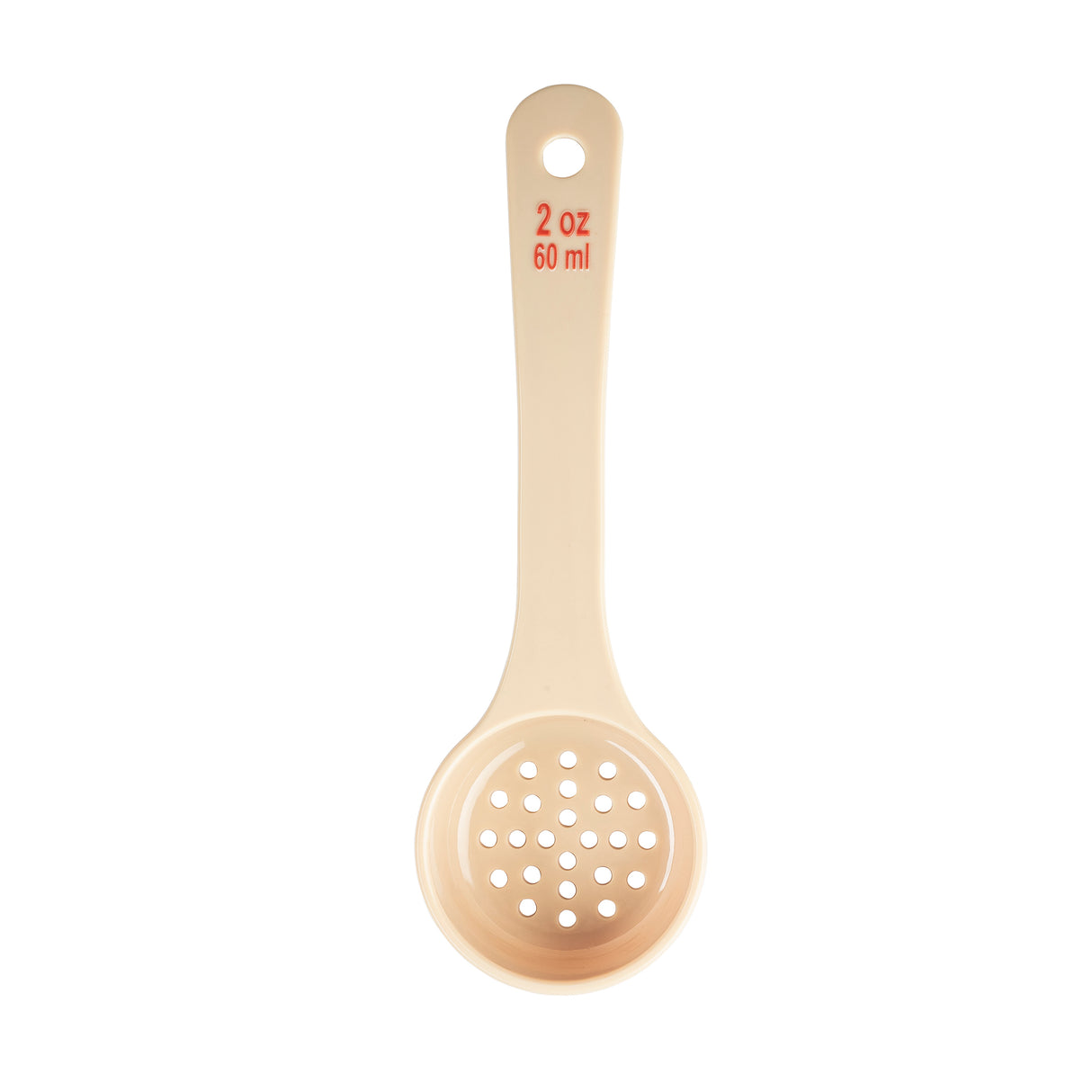 A beige polycarbonate ladle with a flat handle labeled “2 oz 60 ml” in red. The bowl is designed as a perforated spoonout, ideal for separating solids from liquids. This NSF kitchen utensil features a hanging hole at the handle's end.