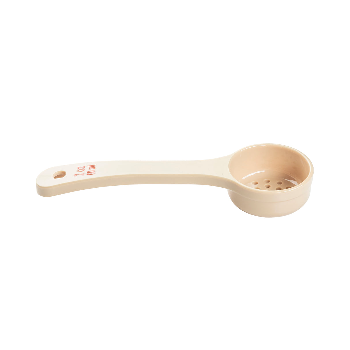 A beige plastic perforated spoonout with a round, slotted bowl and a flat handle. Red text on the handle reads 2 TSP 10 ml. This NSF kitchen utensil is positioned on a white background.