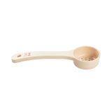 A beige plastic perforated spoonout with a round, slotted bowl and a flat handle. Red text on the handle reads 2 TSP 10 ml. This NSF kitchen utensil is positioned on a white background.