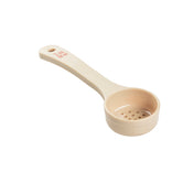 A beige plastic NSF kitchen utensil, this measuring spoon features a long handle and is labeled 2 TSP 15 ml in red. Its round bowl has multiple small holes, making it a handy perforated spoonout for straining small amounts of liquid.