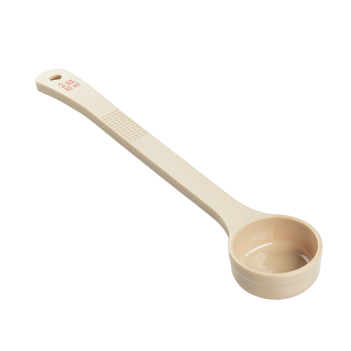 A beige polycarbonate measuring spoon with a long handle, labeled 2 OZ 60 ml in red text near the end. The Spoonout features a round, deep bowl and a small hole at the handle’s tip for easy hanging or storage.
