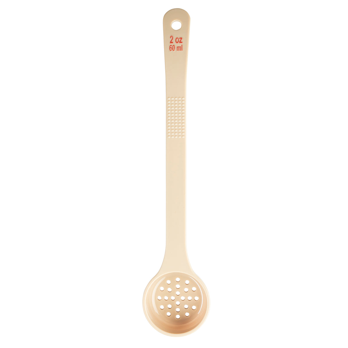 A beige polycarbonate spoon with a long handle, textured grip, and a round, slotted bowl. The handle is marked 2 oz 60 ml in red text. The perforated spoonout is ideal for draining liquids efficiently.