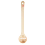 A beige polycarbonate spoon with a long handle, textured grip, and a round, slotted bowl. The handle is marked 2 oz 60 ml in red text. The perforated spoonout is ideal for draining liquids efficiently.