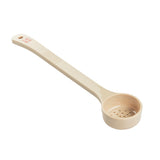 A beige polycarbonate spoon with a long handle, small textured grip, and a round bowl featuring perforated spoonout holes for draining. Red markings on the handle read “2 tsp.” A hole at the end allows for easy hanging storage.